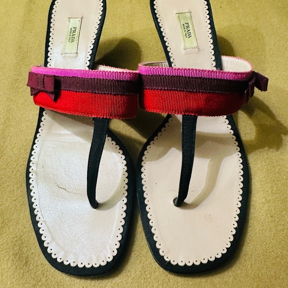 PRADA Women’s Red/Brown/Pink T Strap Grosgrain Fabric Sandal 37.5 EUR, 7.0 US - Picture 5 of 13